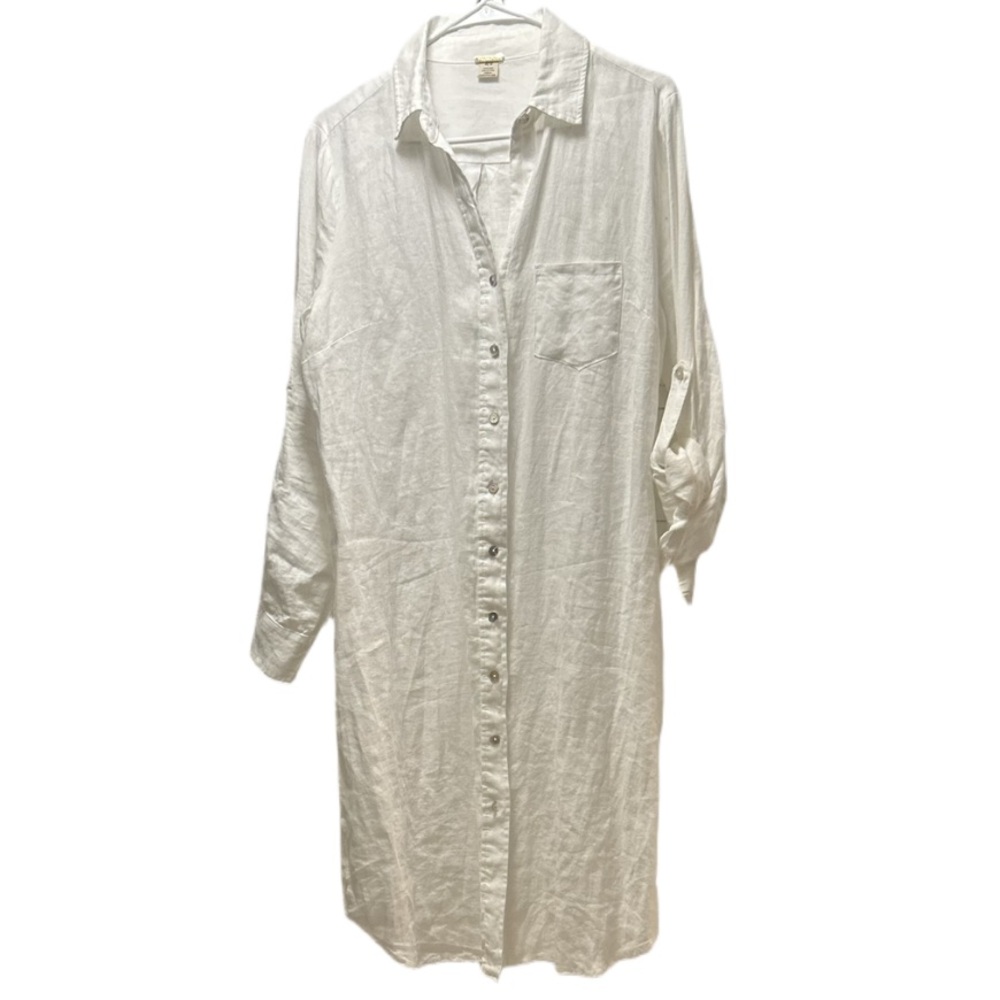 Magaschoni 100% Linen Shirt Dress with Adjustable Sleeves in Ivory, Size M
